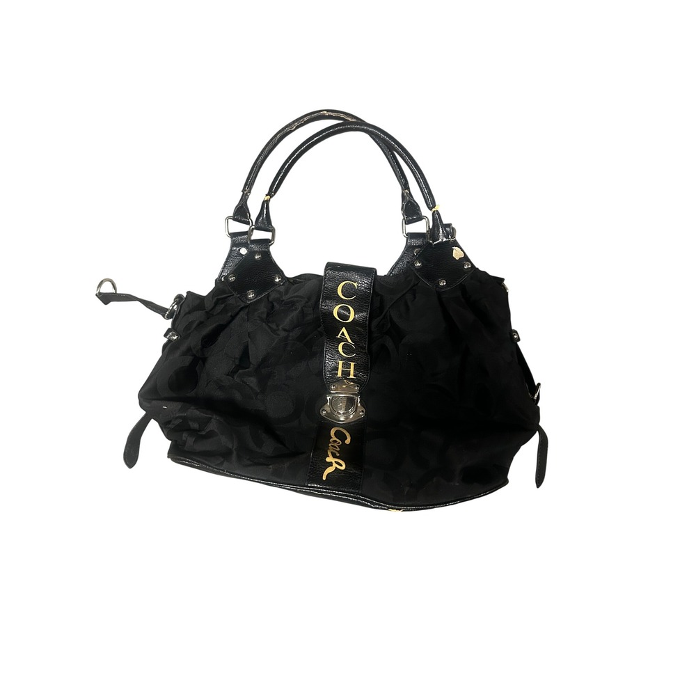 Coach Black Signature Jacquard Leather Satchel Shoulder Bag Turnlock Pleated